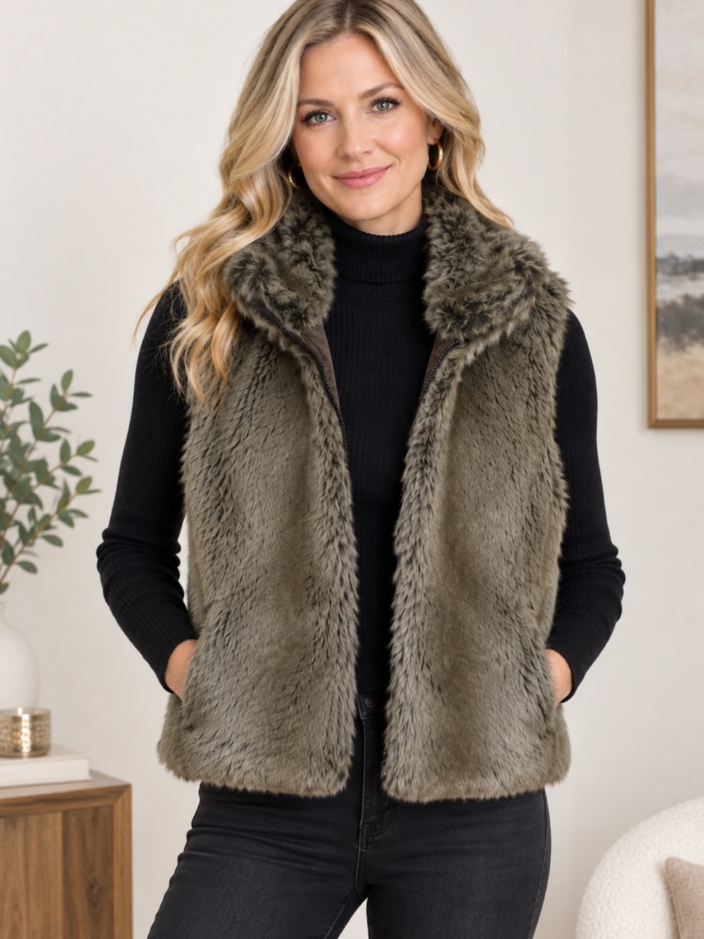 Faux Fur Vest Full Zip with Stand Collar/Pockets (S-M) Never Worn